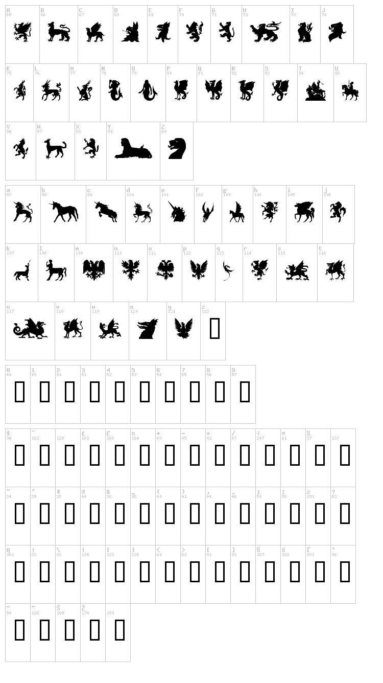 SL Mythological Silhouettes font map